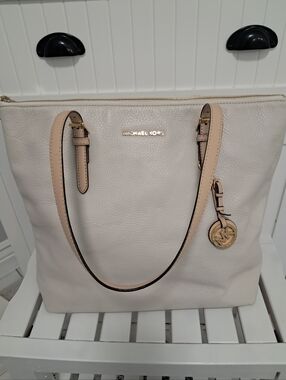 Michael Kors Cream Leather Tote with Gold Charm